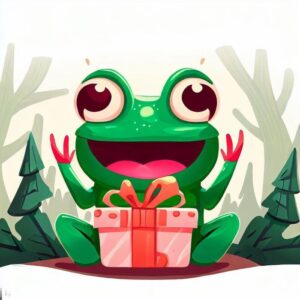 cartoon frog in forest holding a gift box