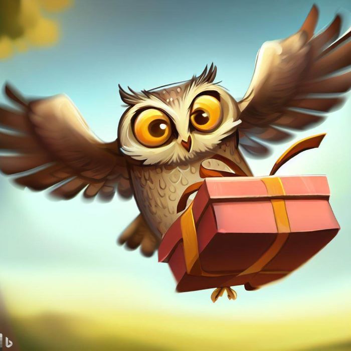 owl flying holding a gift box