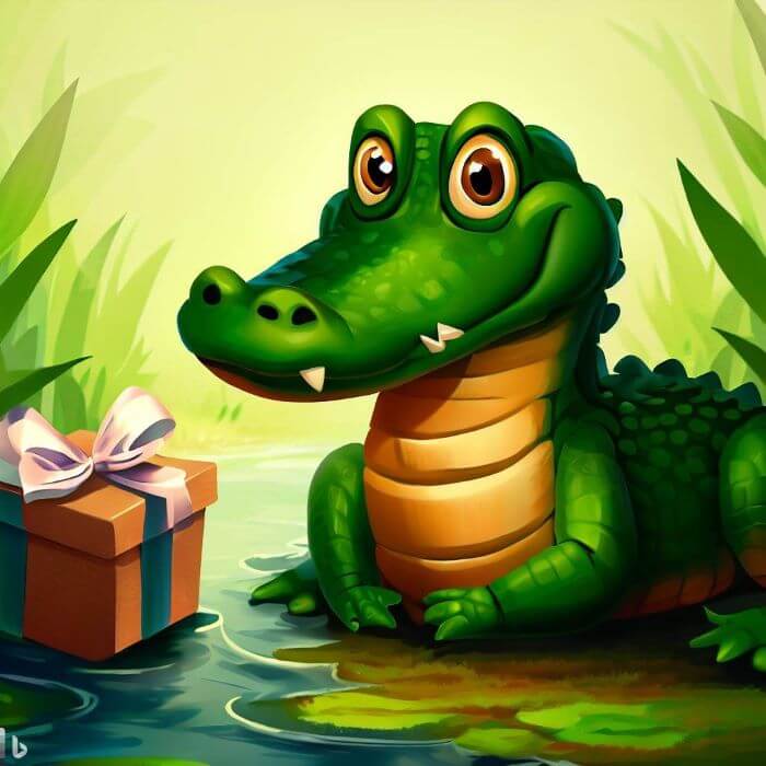 cartoon alligator sitting in swamp with a gift box